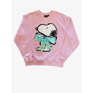 Peanuts Snoopy Pink Oversized Sweatshirt Green Satin Bow Women’s Sz L Valentines